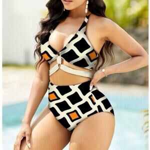 NWT Rosewe Black/Orange/Cream Geometric Print High Waist Bikini Swimsuit. Size M